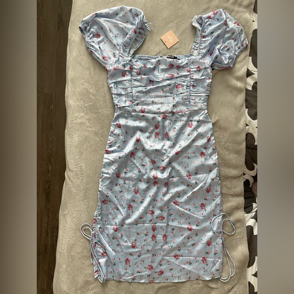Miss Lola Satin Blue Floral Dress